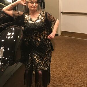 Black and Gold Beaded Dress, headband, purse and gloves